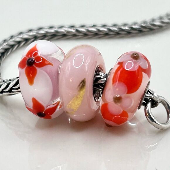 TROLLBEADS & ACA Lot Of 3 Uniques Pink, Coral Red, White & Gold LAA 925S NEW! - Picture 2 of 5
